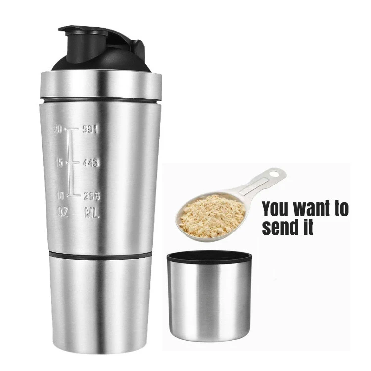 custom 700ml leak proof bpa free stainless steel protein shaker bottle with mixer ball and detachable storage cup 1081602p