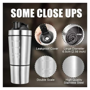 custom 700ml leak proof bpa free stainless steel protein shaker bottle with mixer ball and detachable storage cup 1081602p
