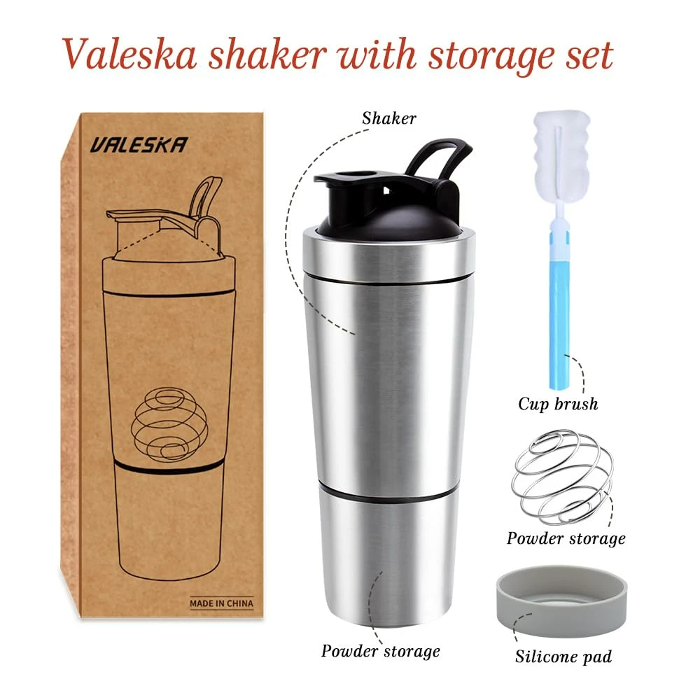 custom 700ml leak proof bpa free stainless steel protein shaker bottle with mixer ball and detachable storage cup 1081602p