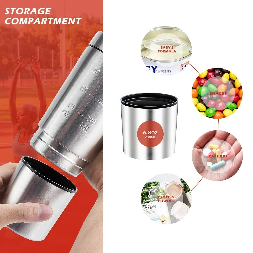 custom 700ml leak proof bpa free stainless steel protein shaker bottle with mixer ball and detachable storage cup 1081602p