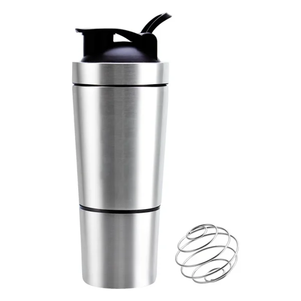 custom 700ml leak proof bpa free stainless steel protein shaker bottle with mixer ball and detachable storage cup 1081602p