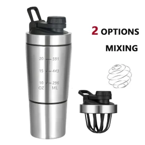 stainless steel protein shaker bottle 700ml leak proof, bpa free with mixer ball and detachable storage cup