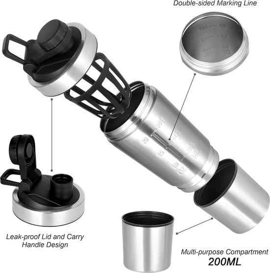 stainless steel protein shaker bottle 700ml leak proof, bpa free with mixer ball and detachable storage cup