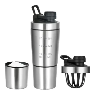 stainless steel protein shaker bottle 700ml leak proof, bpa free with mixer ball and detachable storage cup