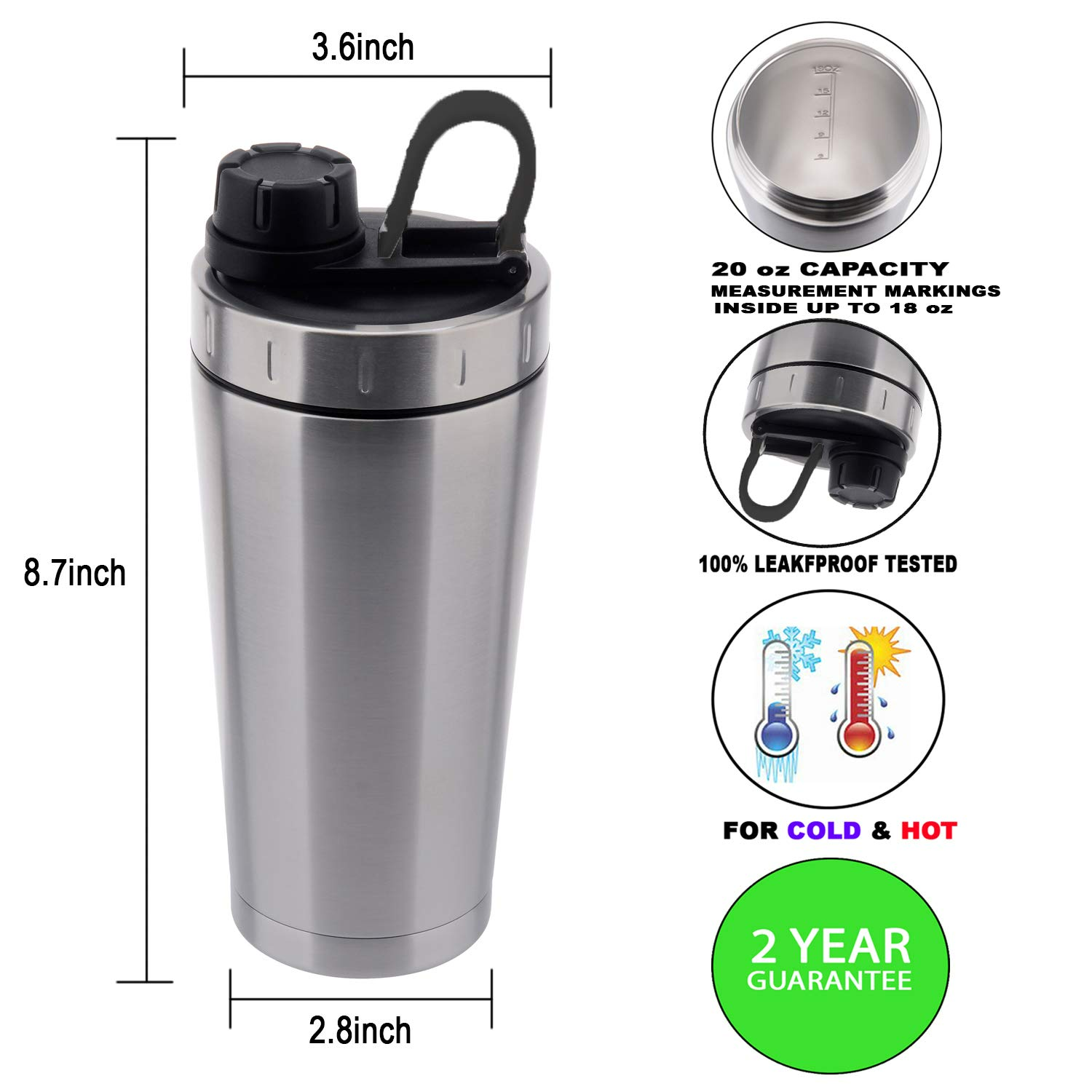 20 oz insulated stainless steel protein shaker bottle leakproof, sweatproof dishwasher safe double wall, odor resistant, bpa free1081604p