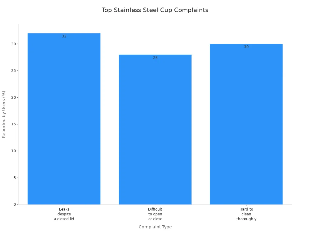 Bar chart showing frequency of lid leakage, difficulty opening, and cleaning complaints for stainless steel cups